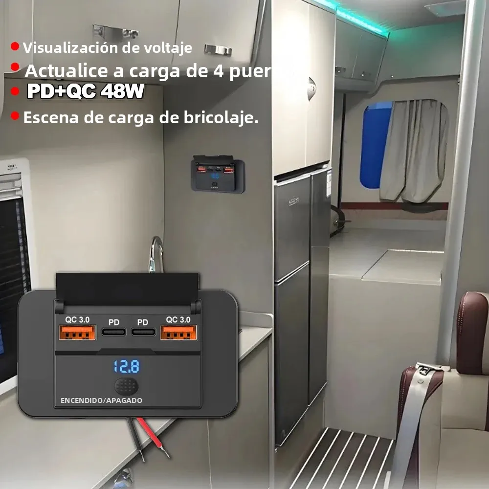 Enchufe USB RV de 2 a 4 puertos, 12V, 108W, USB Dual C 36W y puerto Dual QC 3,0 de 18W, accesorios para cargador de coche, autobús, RV y camión - imagen 2