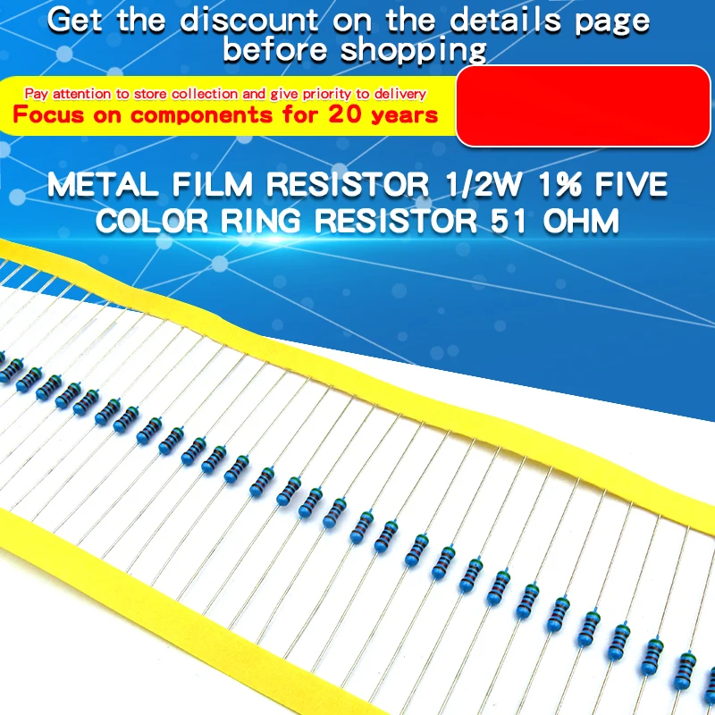 50 Uds 1% resistencia de película metálica 1/2W 1% 1Ω ~ 4,7 MΩ 0,5 W 4,7 10 47 100 200 470 910 1K 4,7 K 10K 22K 100K 220K 470K 910K 1M 2,2 M ohm - imagen 2