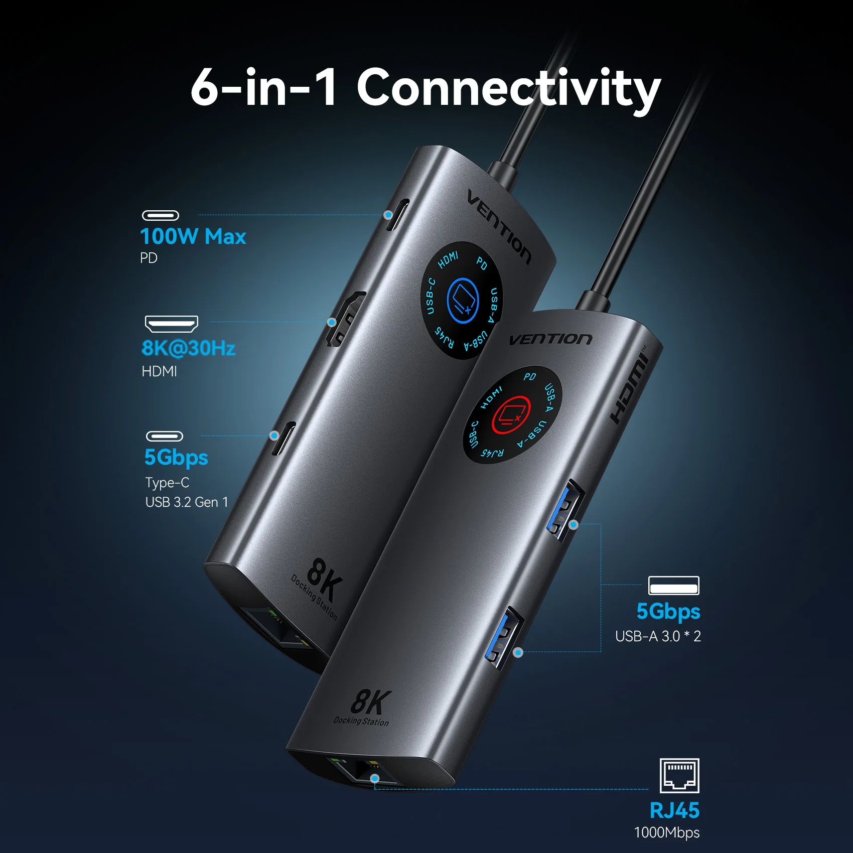 Vention 6 en 1 USB C 8K @ 30Hz HDMI HUB Smart Led Touch USB 3,0 adaptador Ethernet estación de acoplamiento para MacBook Lenovo HP iPad portátil - imagen 3