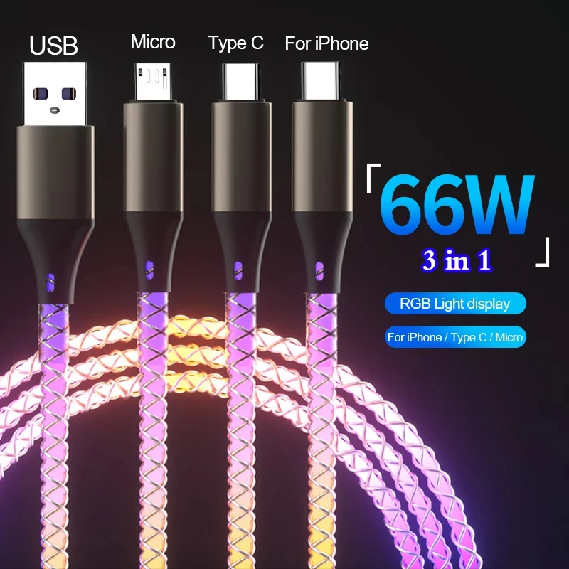 66W 6A 3 en 1 Cable de carga rápida tipo C Micro USB RGB colorido Streamer línea brillante para iPhone Huawei Xiaomi cargador Cable USB - imagen 5
