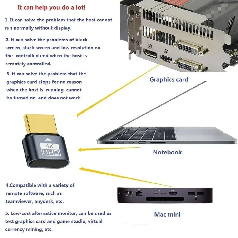 Monitor Virtual 4K HDR, emulador EDID, enchufe simulado compatible con HDMI, adaptador de pantalla fantasma sin cabeza, compatible con hasta 4k @ 60Hz 1080 @ 120Hz - imagen 4