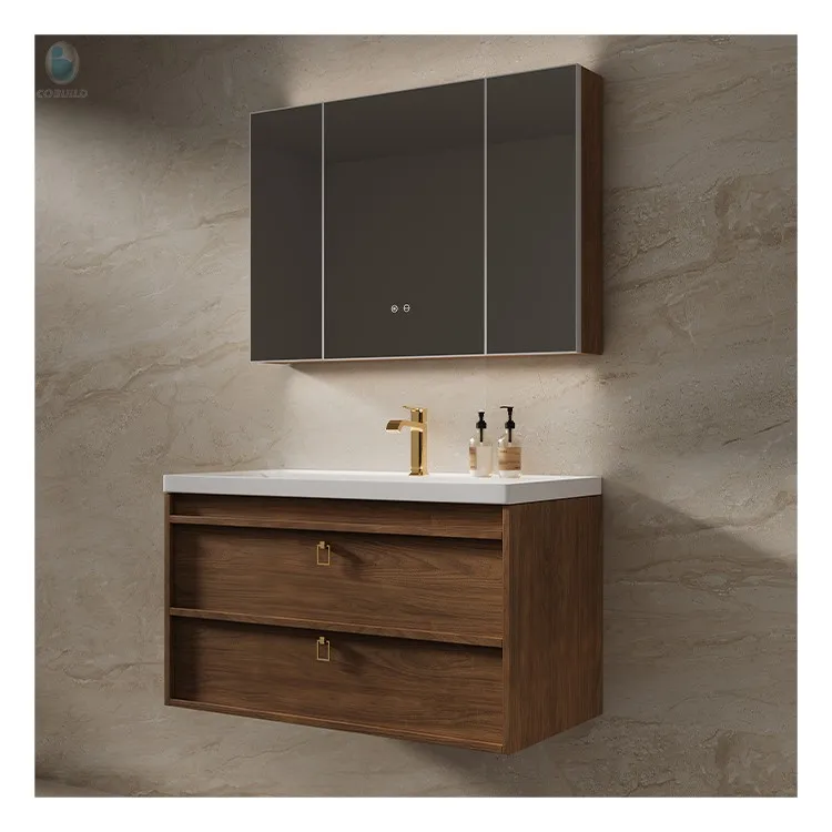 Mueble de tocador de baño moderno de madera maciza montado en la pared resistente al agua con espejo LED para hoteles, apartamentos y villas - imagen 2