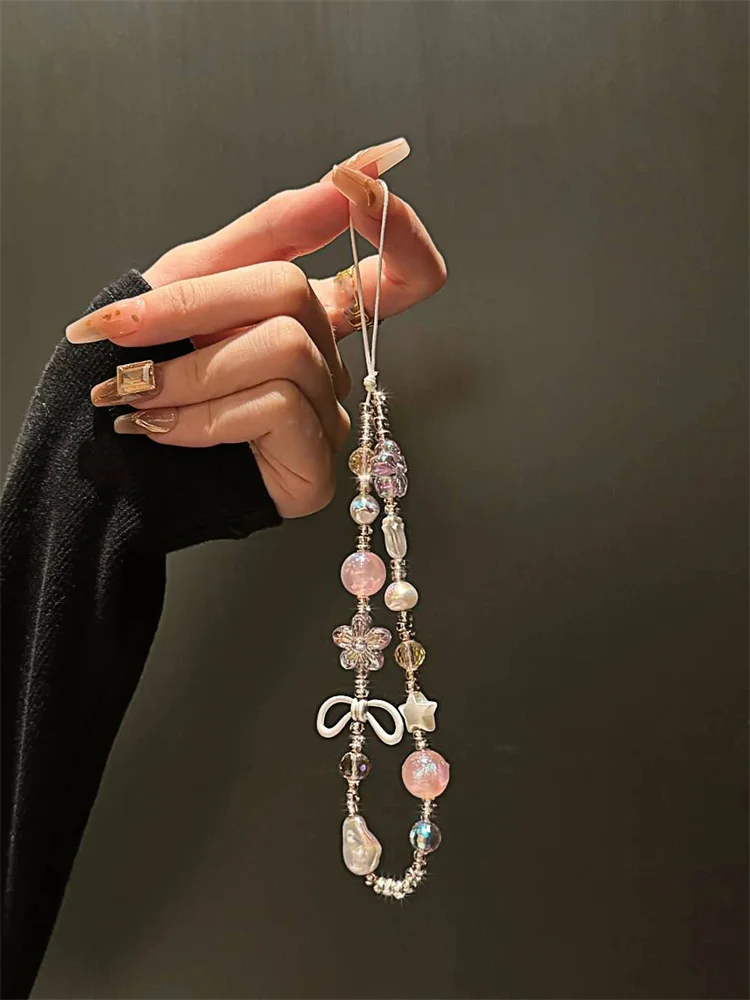 Y2K-Correa de teléfono con cuentas de mariposa transparente, nudo de cadena, cordón para teléfono móvil, llavero, bolso, colgante con lazo para cámara, cubierta de Airpods - imagen 3