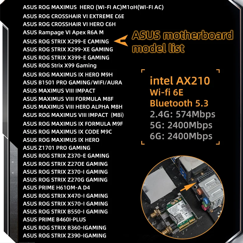 Intel AX210 ASUS WiFi Go adaptador de red WiFi 6E inalámbrico Bluetooth 5,3 5374Mbps tarjeta WiFi para Asus B550 X570 antena de alta ganancia - imagen 2