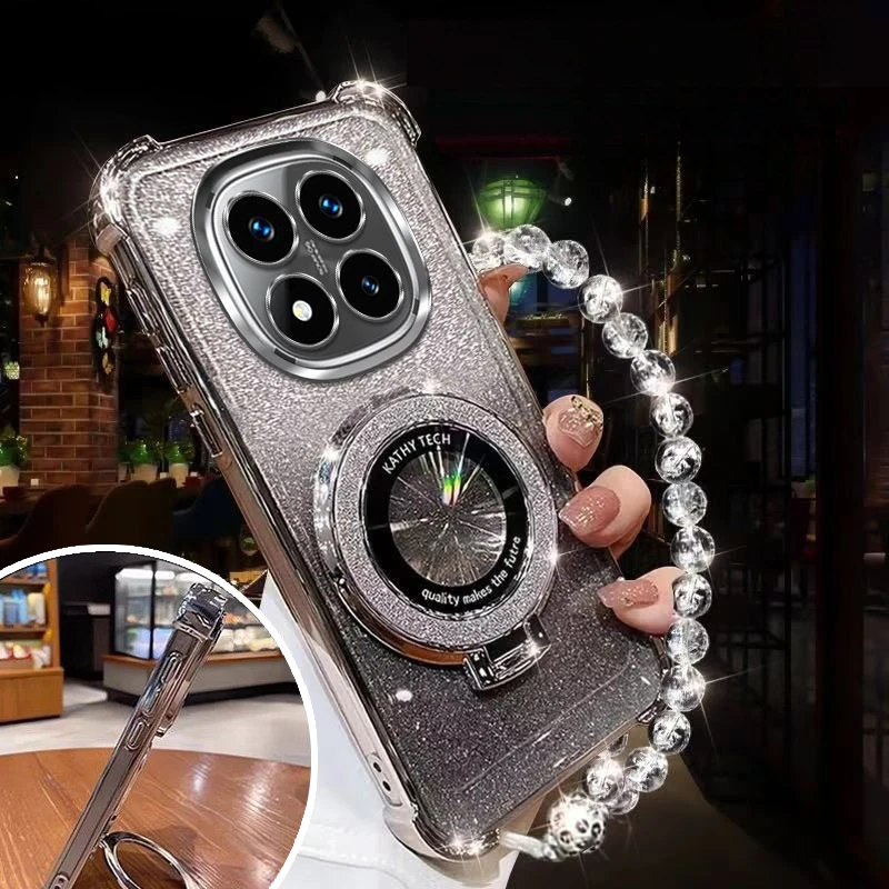 Funda con soporte magnético brillante para Xiaomi Redmi Note 14 15 Pro Plus 15 15C 14C 14S 4G 5G, funda de silicona con pulsera de cristal - imagen 2