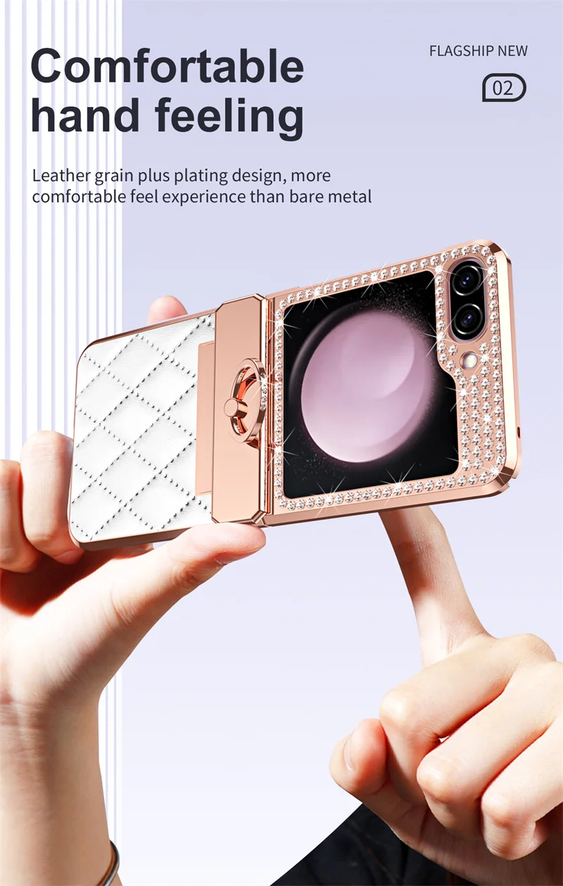 Funda de teléfono con bisagra de diamante brillante chapado en cuero PU para Samsung Galaxy Z Flip 7 6 5 4 3 5G cubierta protectora de anillo a prueba de golpes - imagen 2