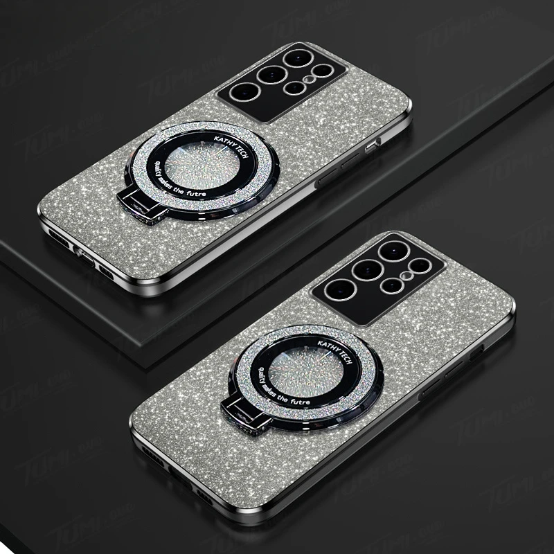 Funda de teléfono con soporte magnético chapado de lujo para Samsung Galaxy S24 Ultra S23 S22 S21 S20 Plus FE Note 20 10, funda de silicona con purpurina - imagen 4