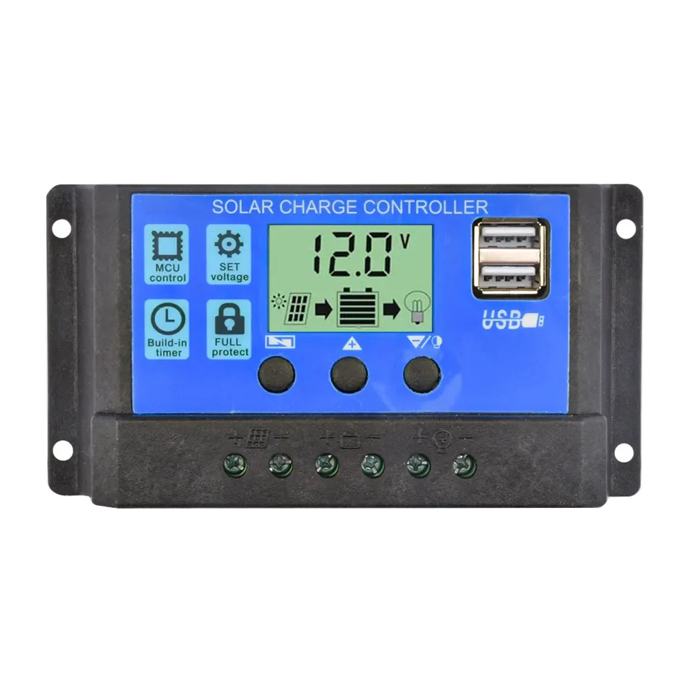 Controlador de carga solar 12V/24V PWM 10A 30A con ajuste de temporizador de pantalla LCD ajustable