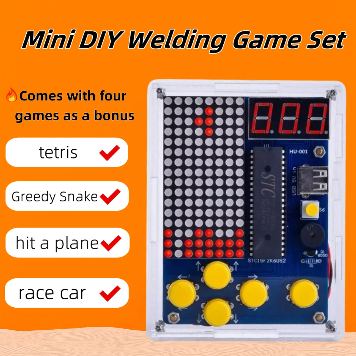 Mini consola de juegos DIY, juego de entrenamiento de soldadura electrónica, juego de juegos DIY, serpiente, carreras, avión, minijuego clásico Tetris. - imagen 2