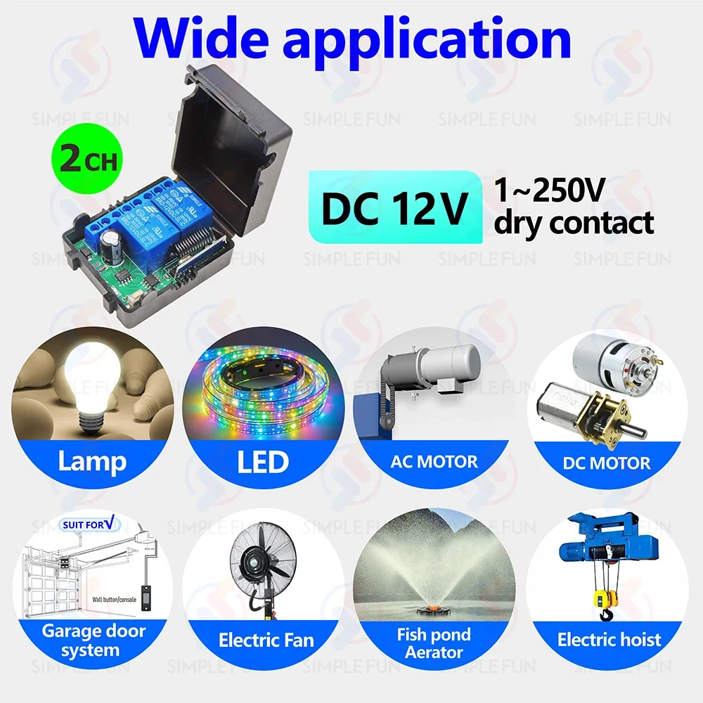 Interruptor de Control remoto inalámbrico Universal, 433MHz, CC de 12V, 2 canales, relé de luz de Motor, transmisor de código de aprendizaje para luz/puerta/Motor/DIY - imagen 2