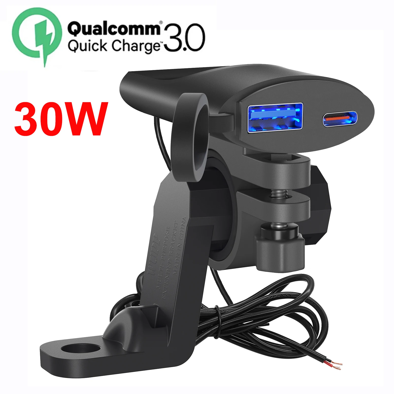 Cargador USB QC3.0 para motocicleta, cargador de USB-C de 30W, IP67, resistente al agua, GPS, soporte de montaje para manillar, cargador de teléfono para Moto