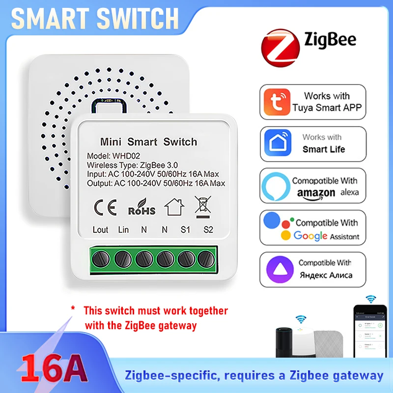 Tuya Zigbee 3,0 interruptor inteligente Mini 16A 1/2 vías inalámbrico y Control por voz para automatización del hogar funciona con Alexa/Asistente de Google
