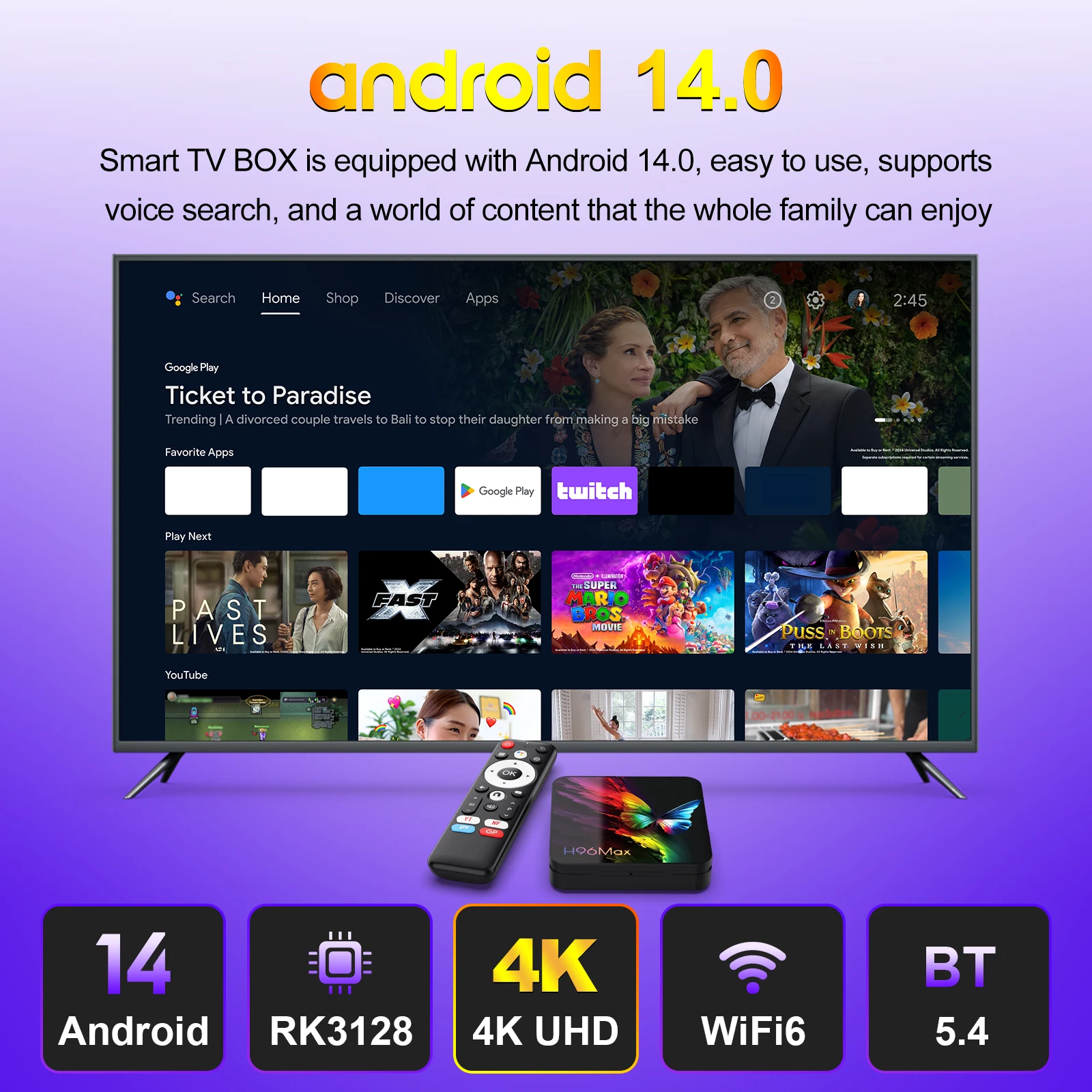 H96 MAX RK3518 Smart TV Box Android14.0 TV BOX mariposa Wifi6 BT5.4 4K HD Ethernet asistente de voz de Google reproductor multimedia Tvbox - imagen 3