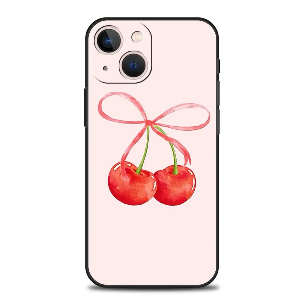 Bonita funda de teléfono con lazo de cereza para iPhone 16 13 15 14 12 11 Pro MAX XR X SE XS 7 8 Plus, funda suave de TPU - imagen 3