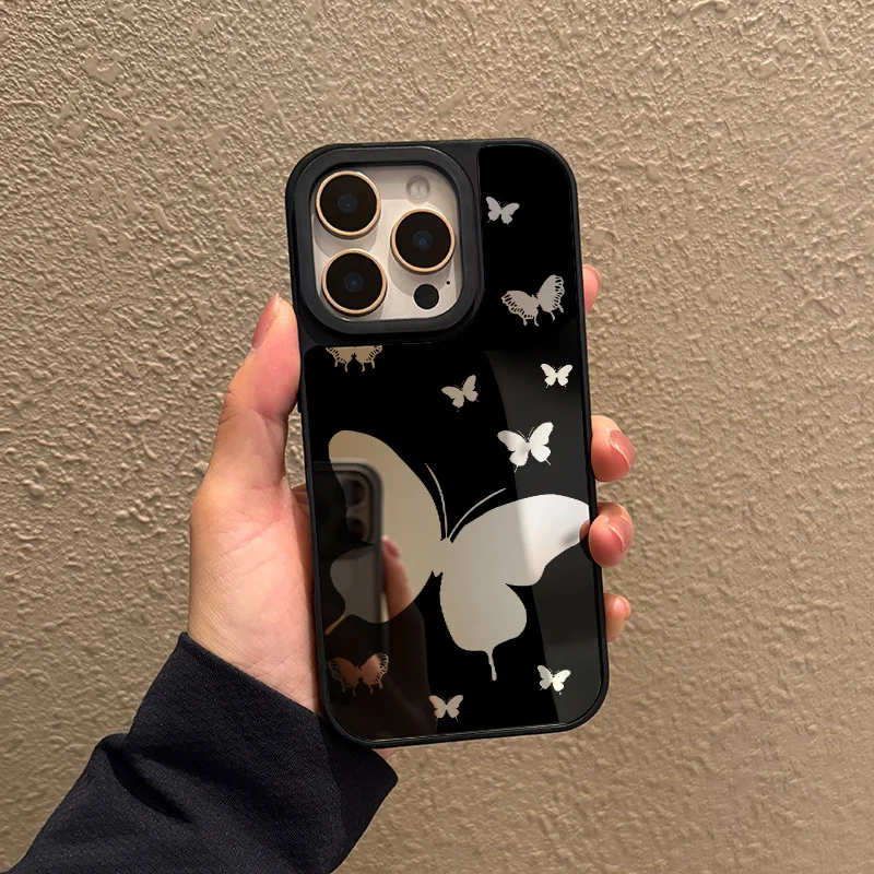 Funda para iphone 11 12 13 14 15 16 Pro Max Plus Series Funda de teléfono con espejo de tpu transparente con patrón de mariposa calado negro