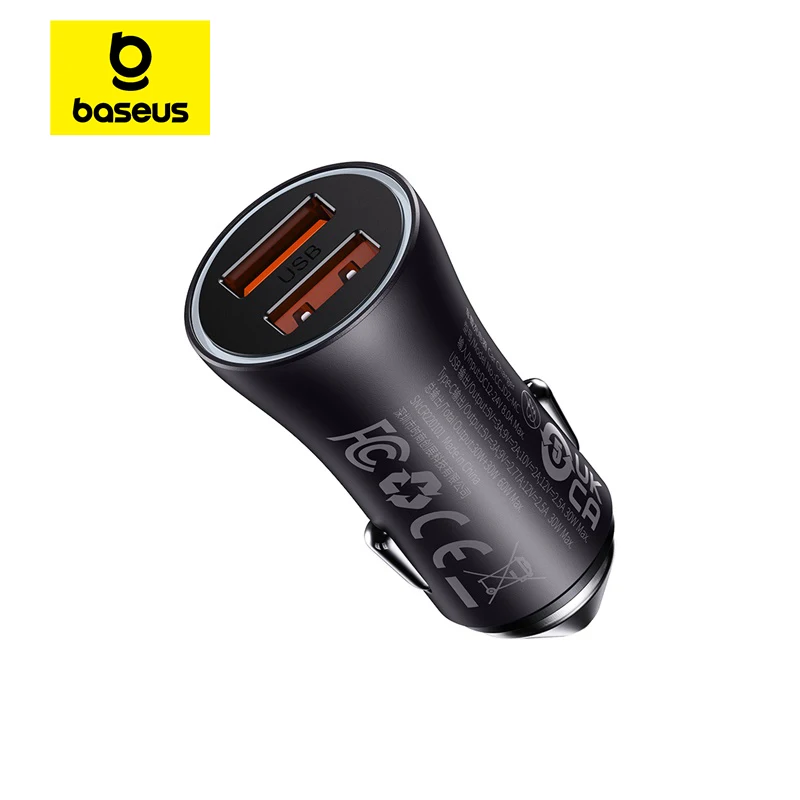 Baseus 60W Cargador de coche de metal Cargador rápido USB dual para iPhone Samsung HUAWEI Xiaomi Cargador de teléfono de coche