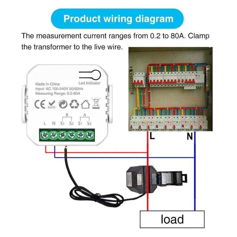 Tuya Smart Life WiFi medidor de energía 80A bidireccional 2 canales con abrazadera aplicación Monitor exportación Solar y energía de importación AC110V/240V - imagen 3