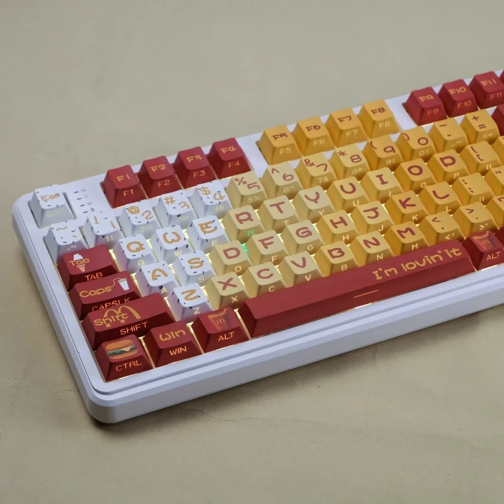 Teclas retroiluminadas laterales translúcidas, teclas de hamburguesa y patatas fritas, 129 teclas, tinte PBT, subcama, perfil de cereza para teclado MX