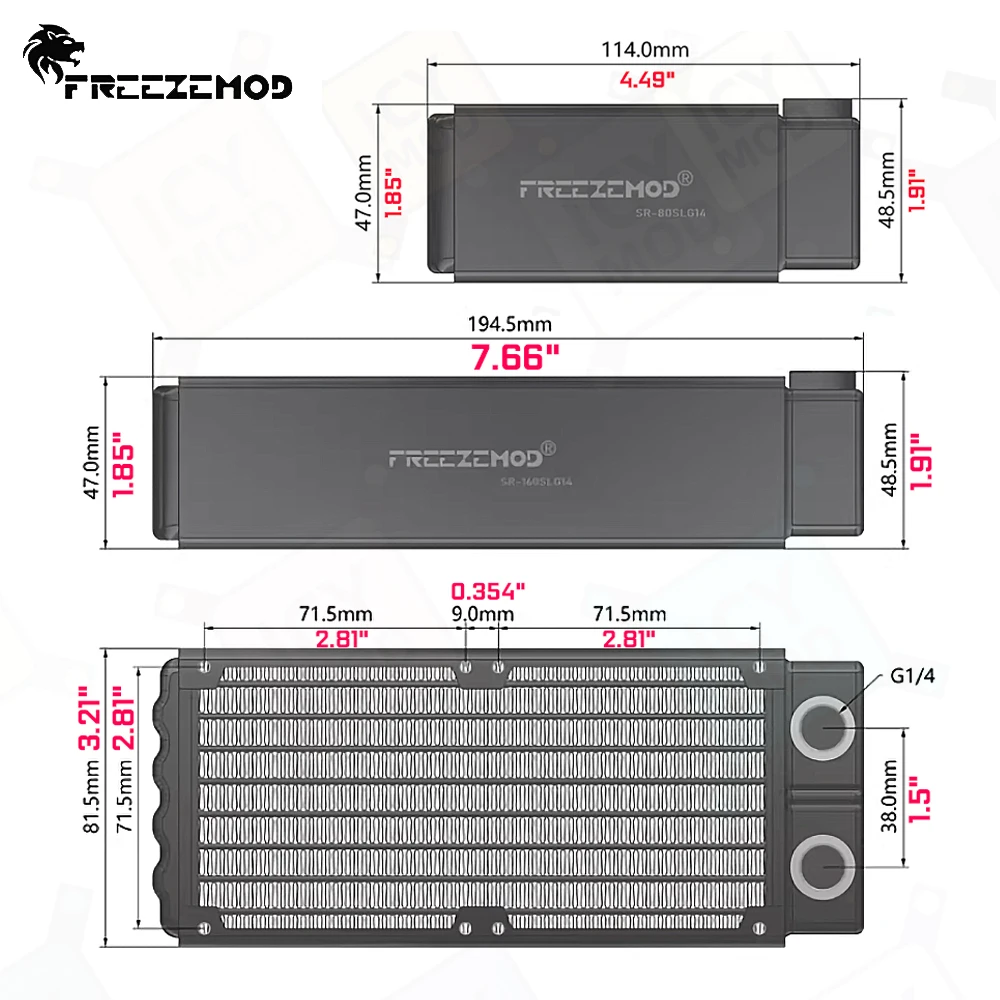 FREEZEMOD-mini radiador de refrigeración por agua de aluminio, disipador de calor doble de 16cm con 16 canales, Compatible con rosca G1/4', ventilador de 80mm, MOD para PC - imagen 2