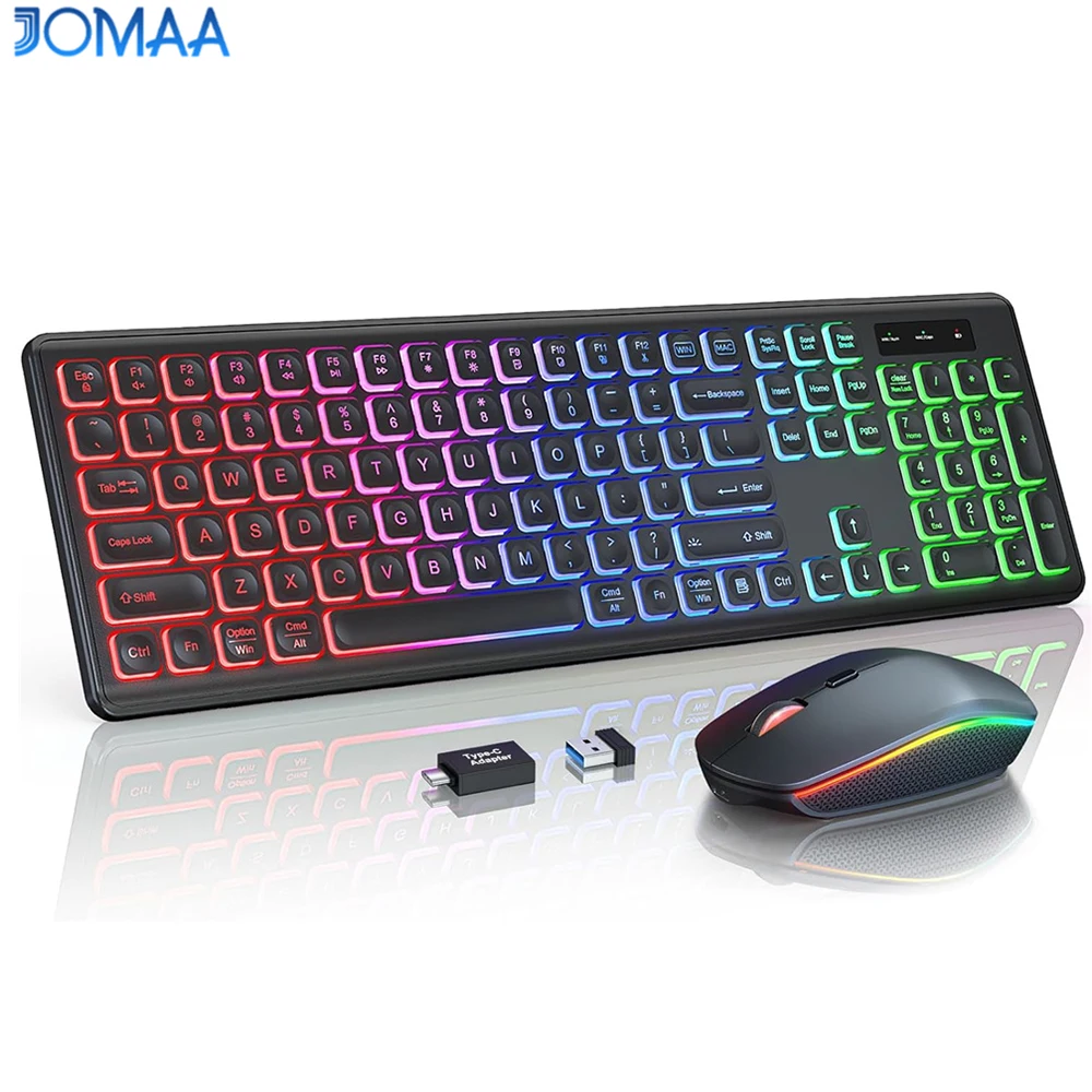 Jomaa-Juego de teclado y ratón inalámbricos de tamaño completo, retroiluminado RGB, para ordenador, portátil, luz LED, teclado recargable, peine para ratón