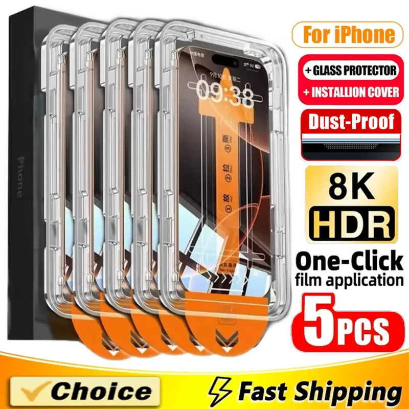 Protector de pantalla de fácil instalación, 5 uds., para iPhone 16 15 14 13 12 11 17 Pro Max XR X XS 7 8 16 Plus, revestimiento oleofóbico, sin polvo - imagen 2