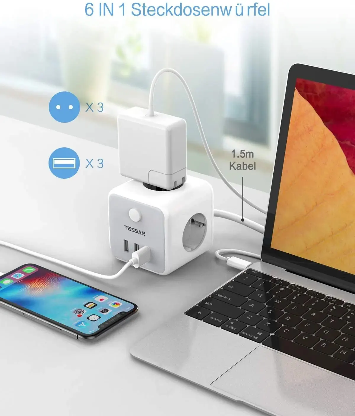 TESSAN-regleta de alimentación USB Cube con 3 salidas de CA, 3 puertos USB, Cable de extensión de 1,5 M, adaptador de corriente multienchufe con interruptor para el hogar - imagen 3