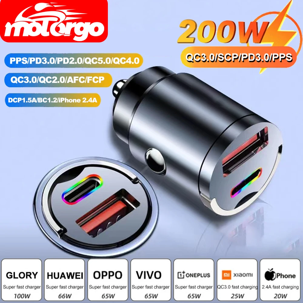 Mini cargador de coche QC3.0 PD de 100W/200W, 12-24V, de carga rápida mechero, USB tipo C, para Xiaomi, Samsung, Huawei, iPhone - imagen 2