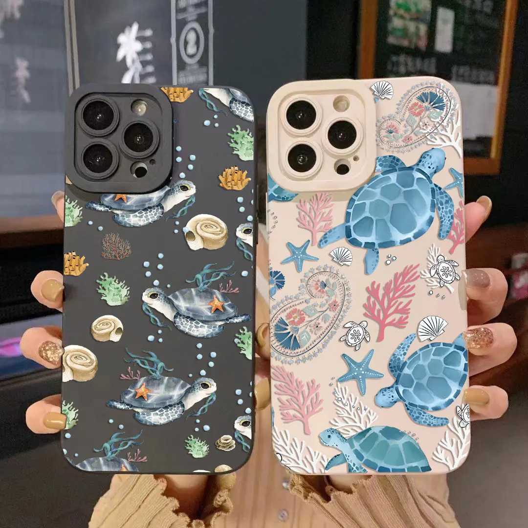 Funda de teléfono de pantalla completa con diseño de tortuga de dibujos animados de verano para iPhone 16 15 14 13 12 11 X XR Xs 8 7 Plus Pro Max, funda de silicona