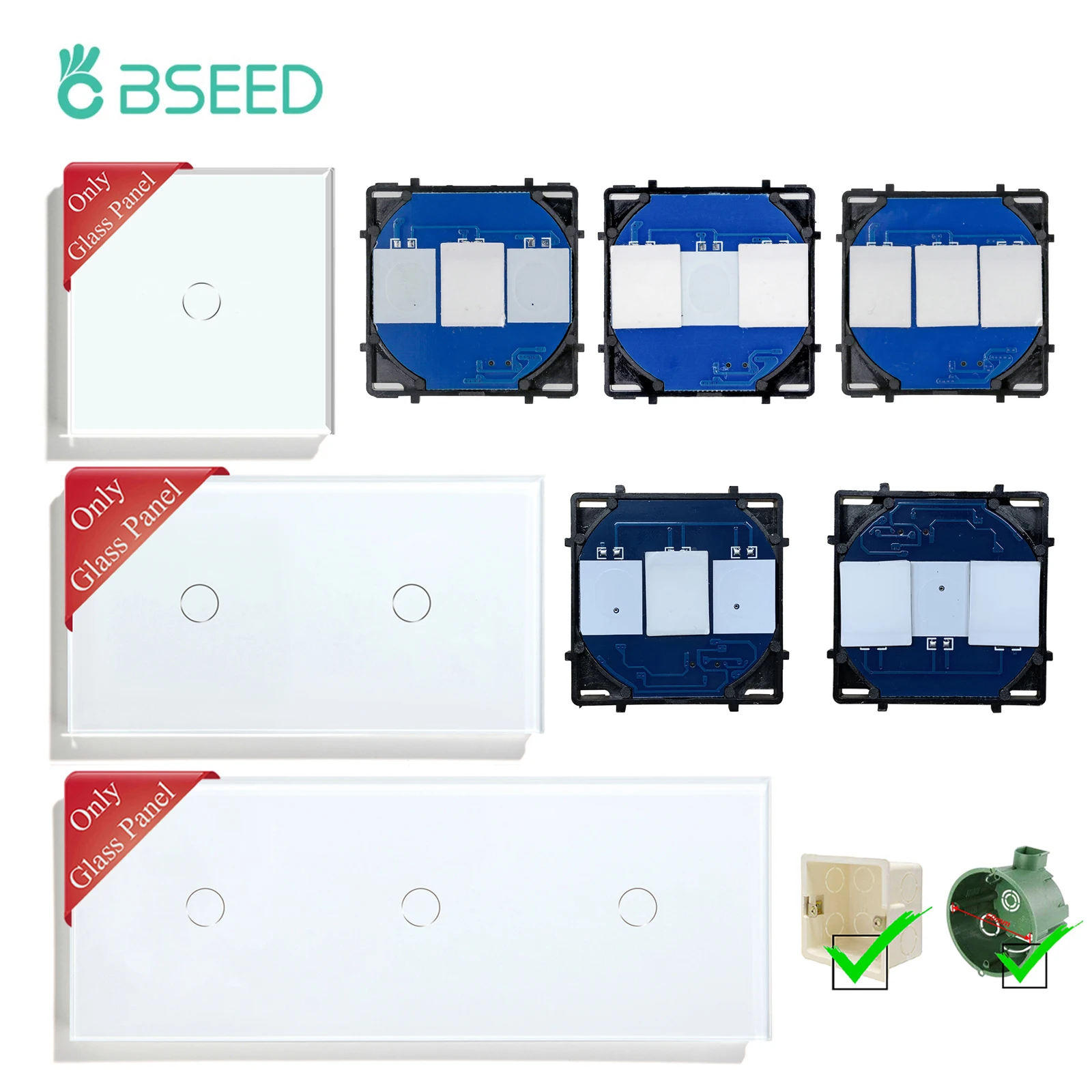 BSEED-Interruptor táctil de pared de 1/2/3 entradas, Base de función de 1/2/3 vías, interruptores de escalera, piezas de repuesto, Panel de vidrio con Sensor, combinación gratuita DIY