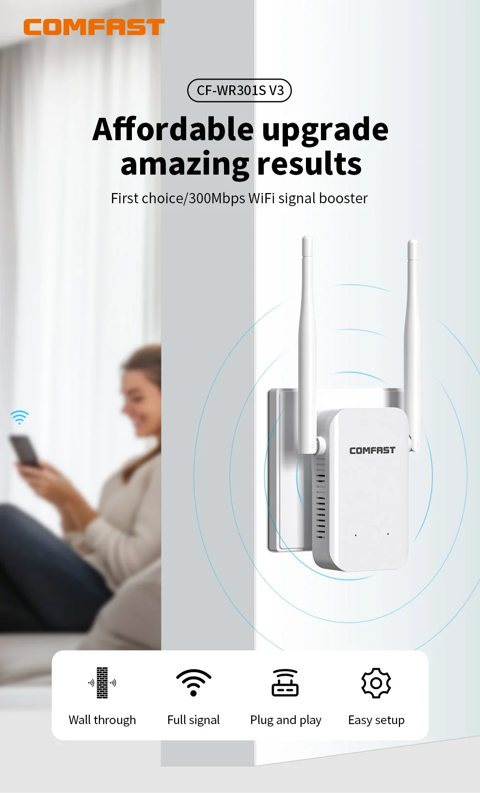 Comfast-repetidor WiFi inalámbrico de 300Mbps, enrutador de señal 2,4G 802.11b/g/n, amplificador extensor WiFi inalámbrico de largo alcance, amplificador WIFI - imagen 3
