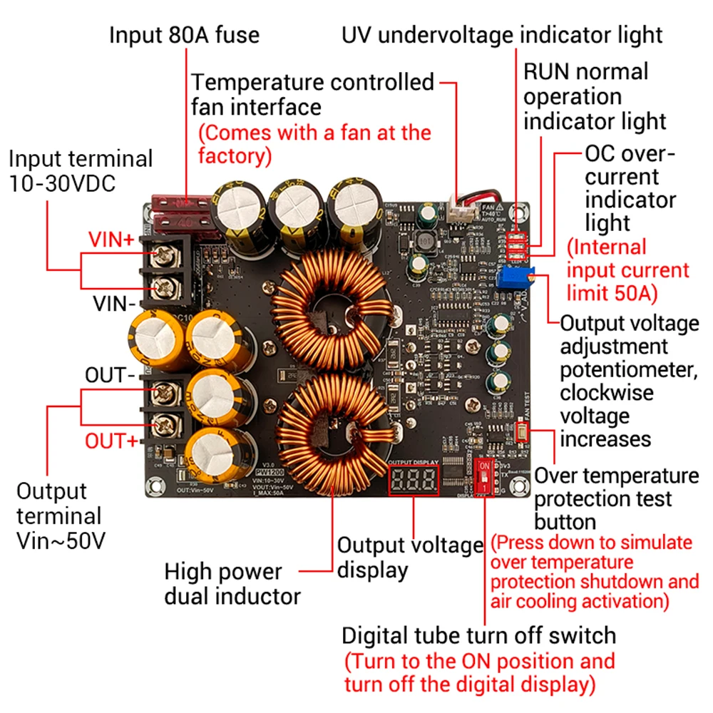 Módulo de fuente de alimentación elevador de refuerzo de 1200W 50A DC10-30V PW1200 Inductor Dual potencia completa salida de ondulación extremadamente baja - imagen 4