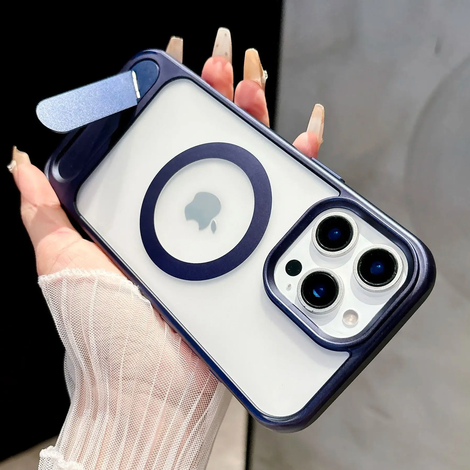 Translúcido para Magsafe funda con soporte de Metal magnético para iPhone 16 E 15 14 Plus 13 12 11 Pro Max cubierta mate híbrida a prueba de golpes - imagen 3