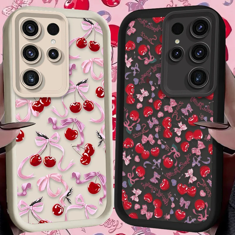 Funda blanda con lazo de cereza para Samsung Galaxy S24 S23 S25 Ultra S22 S21 Plus FE A56 A36 A26 A16 A06 A15 A25 A35 A55 5G