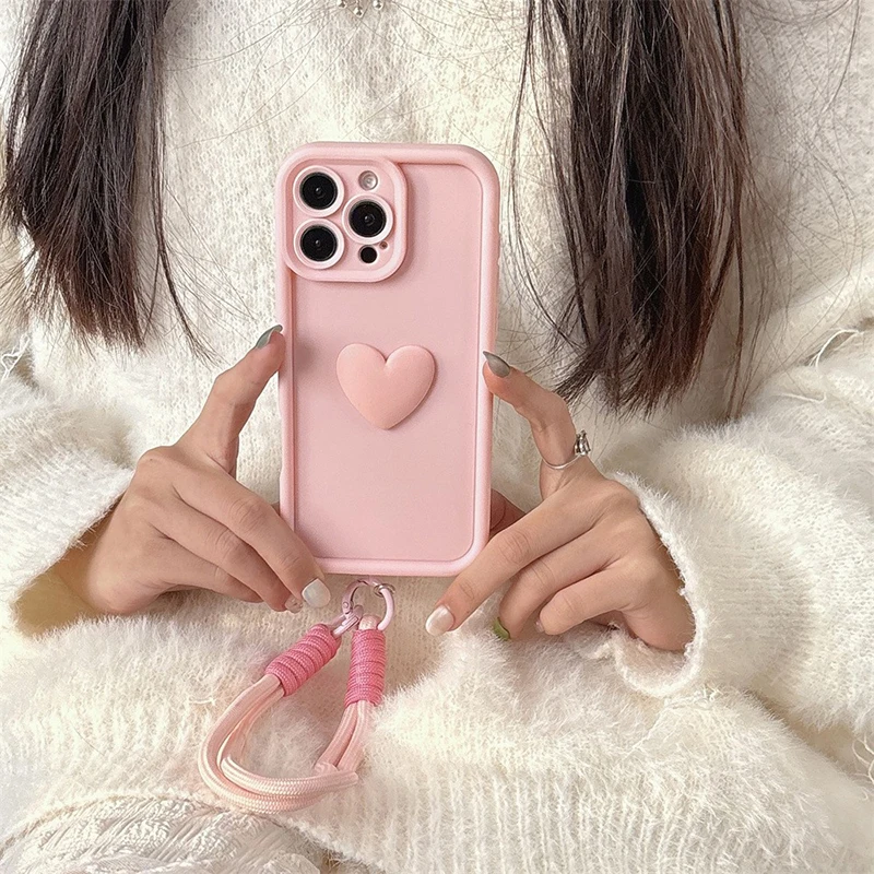 Funda de teléfono suave de silicona con corazón de amor rosa 3D para iPhone 11 12 13 14 15 16 17 Pro Max 16E XS XR X 7 8 Plus con cubierta de cuerda con cordón - imagen 2