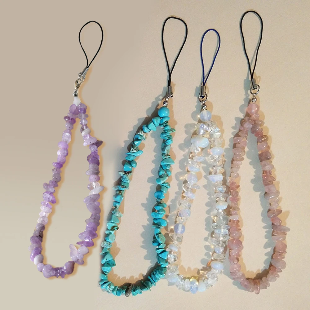 Cordón con cuentas de piedra Natural hecho a mano de cristal de piedra lunar, correa de muñeca antipérdida para teléfono móvil, llavero colgante con dijes para teléfono móvil