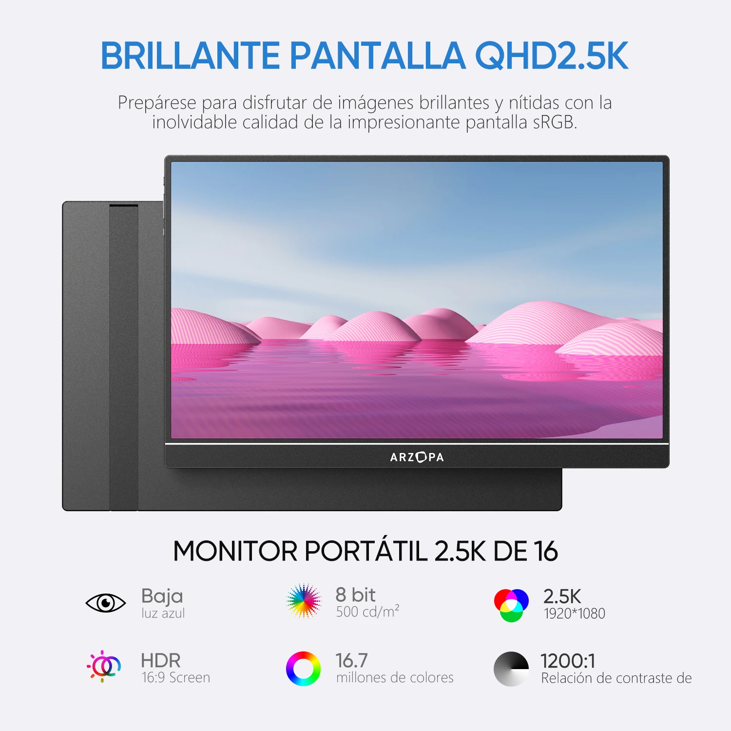 ARZOPA-Monitor portátil 2K de 16 pulgadas, pantalla IPS 16:10 con mini hdmi tipo c, segunda pantalla para MAC/portátil/PC/Xbox/PS4/5/Switch, Z1RC - imagen 5