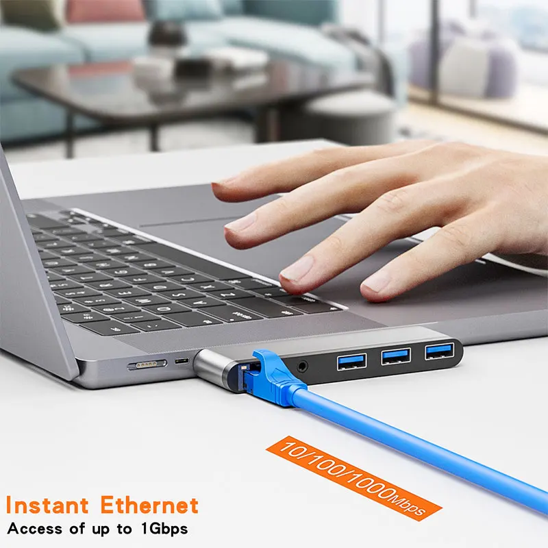 Estación de acoplamiento de escritorio con 3 puertos, concentrador de puertos USB tipo C 3, 0, 100/1000 Mbps, RJ45, lector de tarjetas de Audio para Macbook Pro 2021 - imagen 5