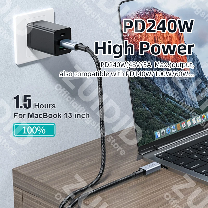 Codo Cable de carga rápida PD240W USB4.0 40gbps tipo C a C 5A 8K @ 60Hz para iPhone 15 Pro Max MacBook PS5 Samsung Steam Deck - imagen 2