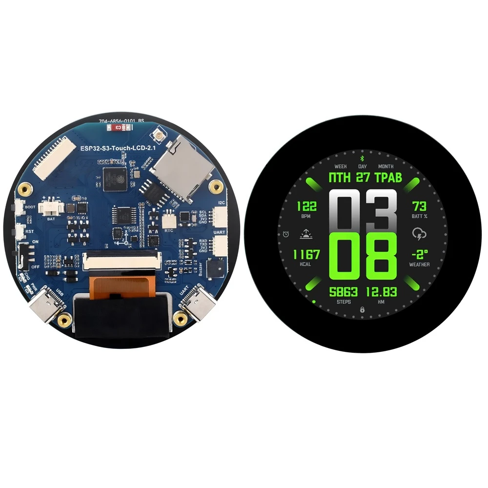 Placa de desarrollo de pantalla táctil redonda de 2,1 pulgadas, chip de ESP32-S3 WiFi/BLE5 a bordo, sensor de seis ejes QMI8658