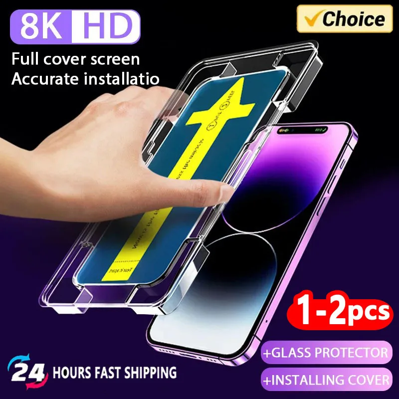 1-2 piezas 8K vidrio templado de alta gama para Iphone 14 13 12 11 Pro Max XS MAX 15 Plus Protector de pantalla con cubierta de montaje de alineación - imagen 2