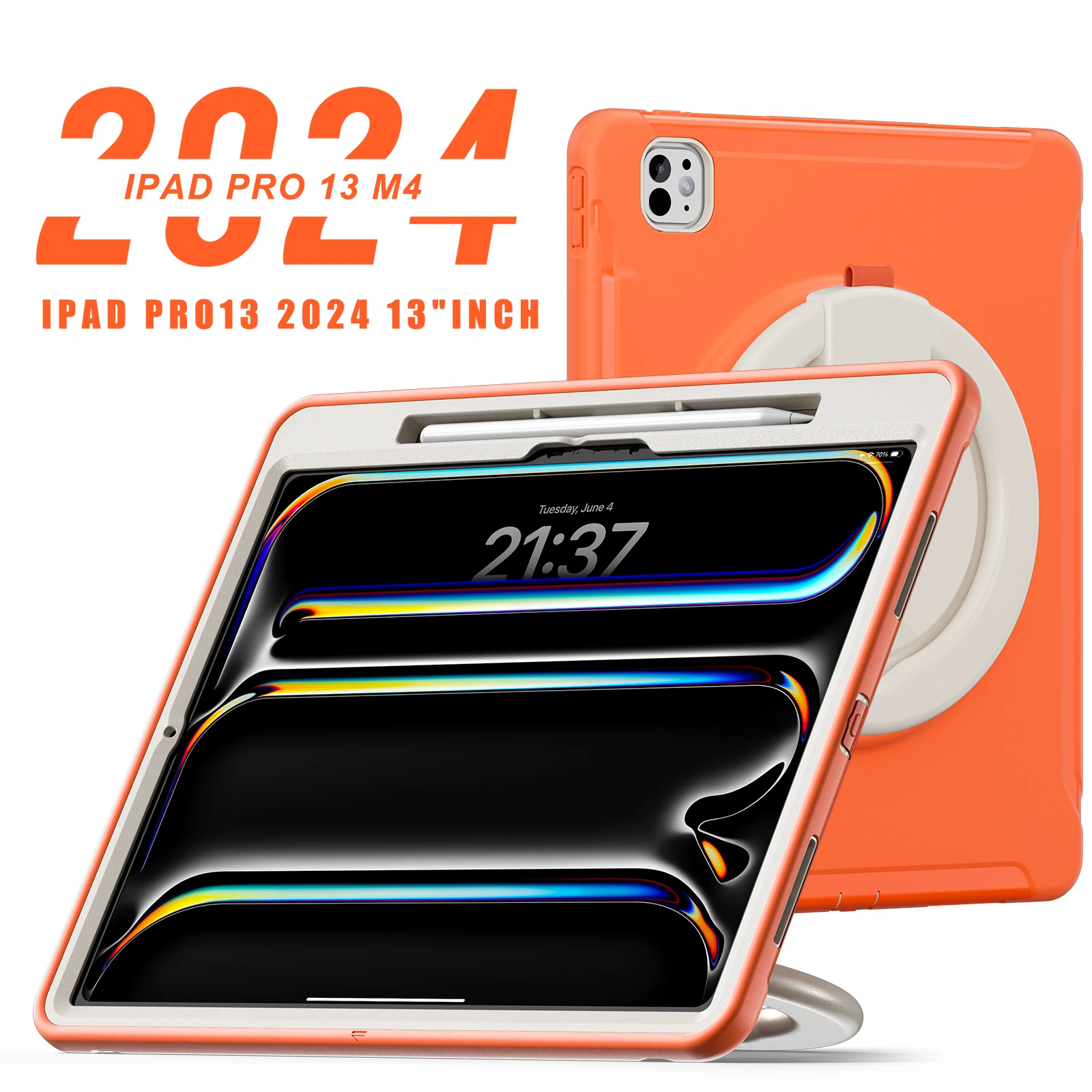 Funda con soporte de TPU-PC para Apple iPad Pro 13 2024 M4 modelo A2926 A2925 A3007 mango giratorio 360 cubierta resistente carcasa de 3 capas