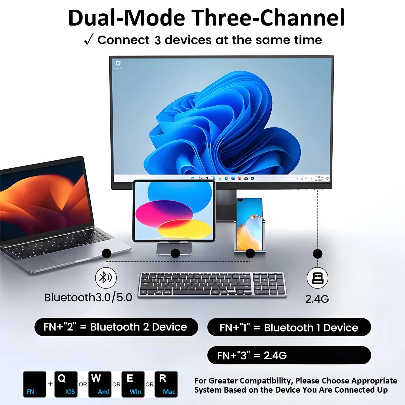 Teclado Bluetooth de tres canales de modo Dual en inglés hebreo, teclado inalámbrico delgado y silencioso para PC, portátil, Windows, IOS, Mac y Android - imagen 2