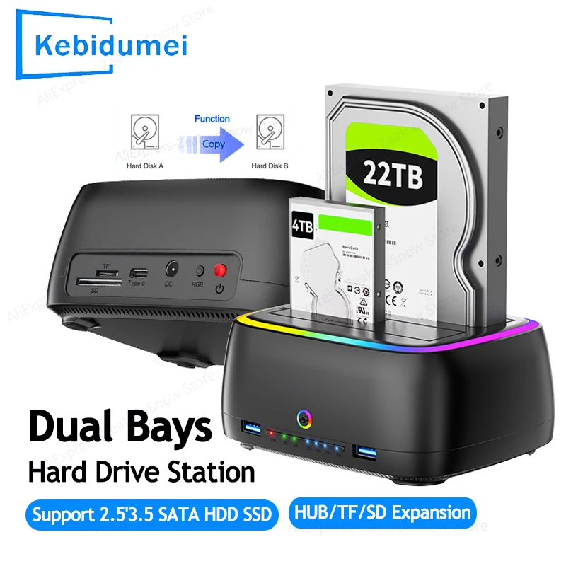 Estación de disco duro de doble bahía USB3.0 5Gbps caja de datos clon sin conexión adaptador de efecto de luces RGB para tarjeta HDD/SSD TF/SD de 2,5/3,5 pulgadas