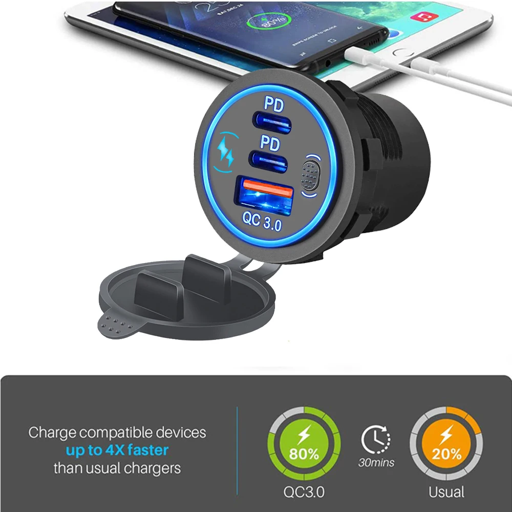 3 puertos de carga rápida Dual PD y QC 3,0 112W apertura cargador de coche toma de corriente para 12V 24V motocicleta barco camión marino ATV - imagen 3