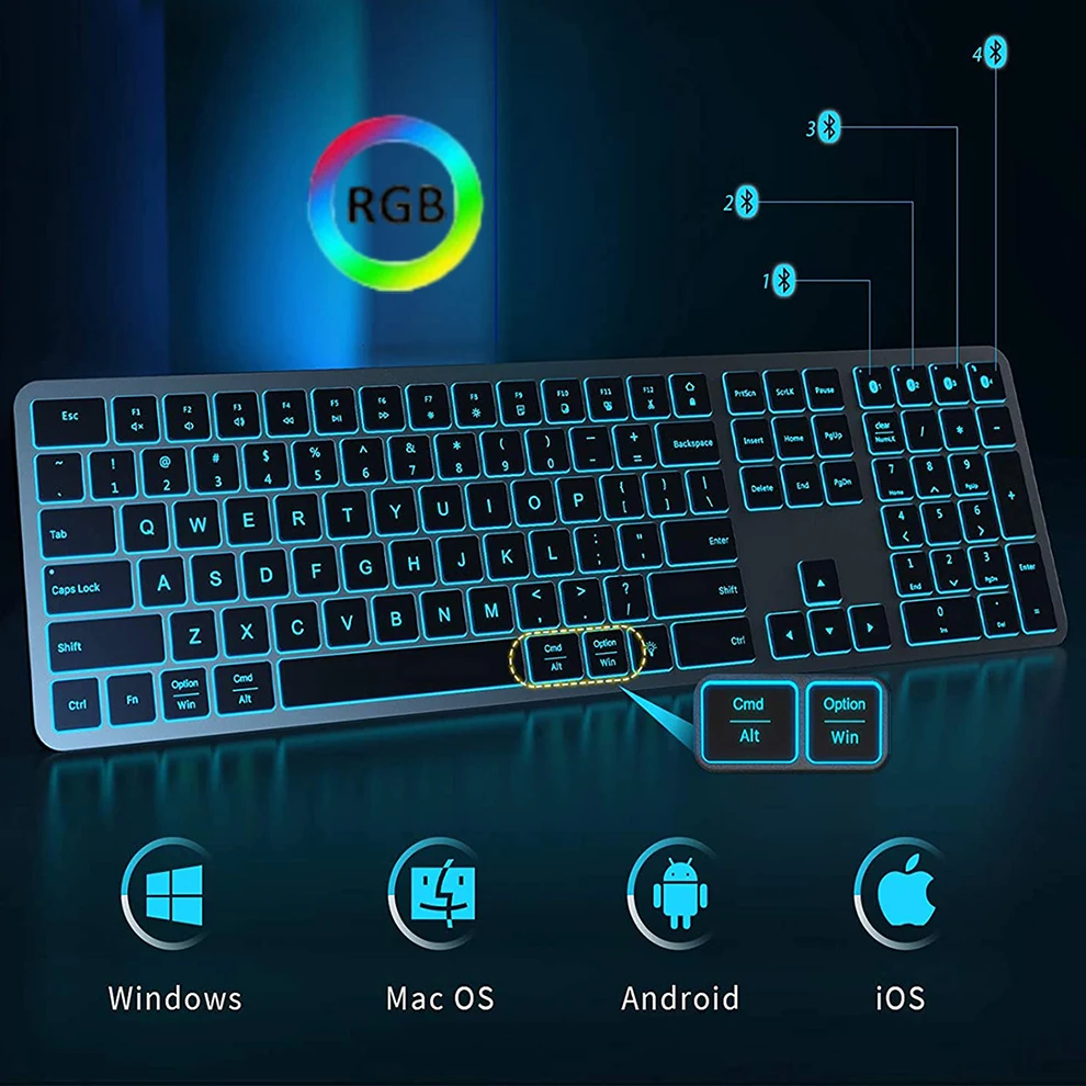 Teclado de jugador retroiluminado Bluetooth múltiples dispositivos teclado inalámbrico recargable de tamaño completo para Windows Mac OS Android Tablet - imagen 2