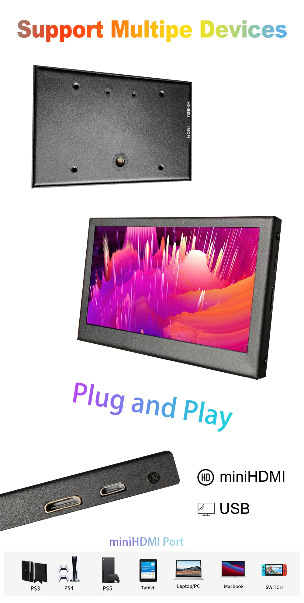 LESOWN Monitor portátil IPS de 4,3 pulgadas 800 × 480 pantalla lateral compacta Monitor de tamaño de palma pantalla HDMI USB para Raspberry Pi 4B +/3B +/Zero - imagen 4