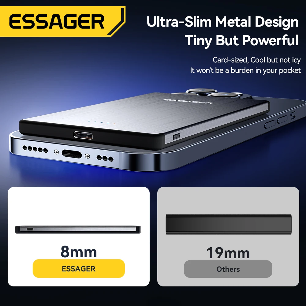 Essager-Banco de energía inalámbrico fino, 5000mAh, carga inalámbrica rápida, cargador de batería externo magnético para iPhone 16 15 14 13 - imagen 3