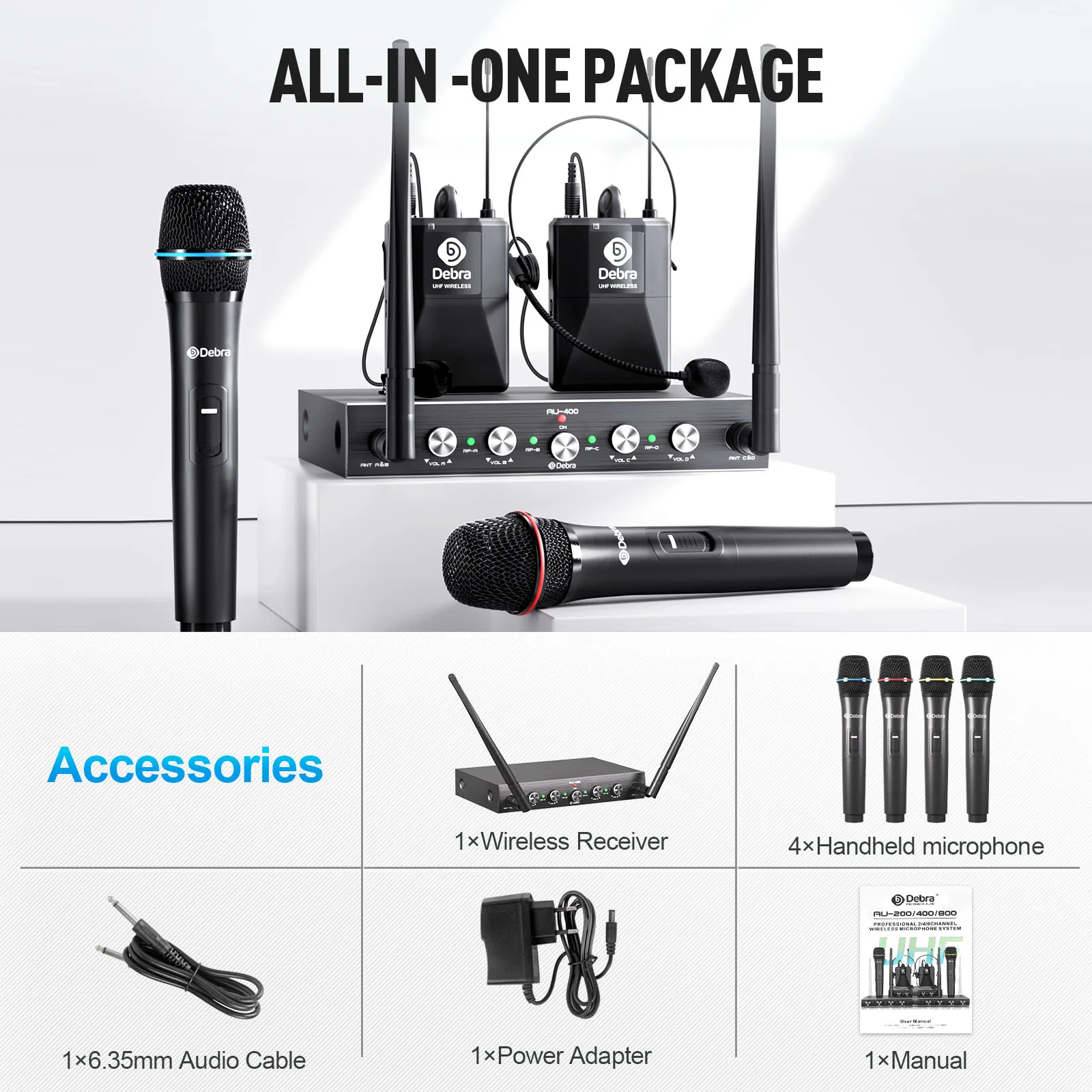 Debra AU-400 Sistema con micrófono inalámbrico portátil de cuatro canales UHF, con micrófonos de solapa y auriculares para actuaciones de banda - imagen 2