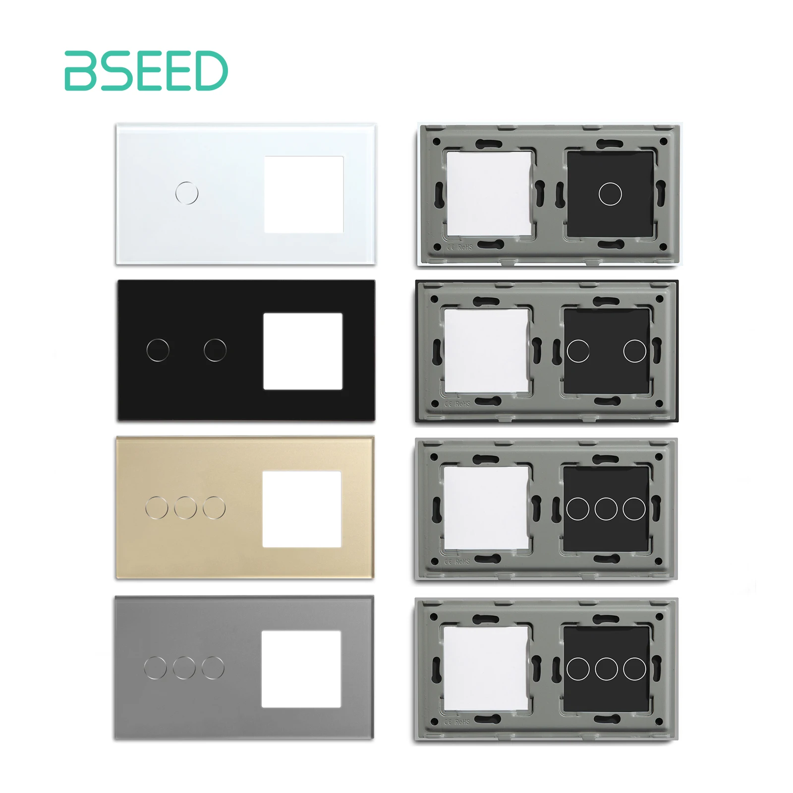BSEED-marco de Panel de vidrio estándar europeo, 1/2/3 entradas, para interruptor táctil, enchufes de pared con marco de Metal, blanco, negro, dorado, 157mm