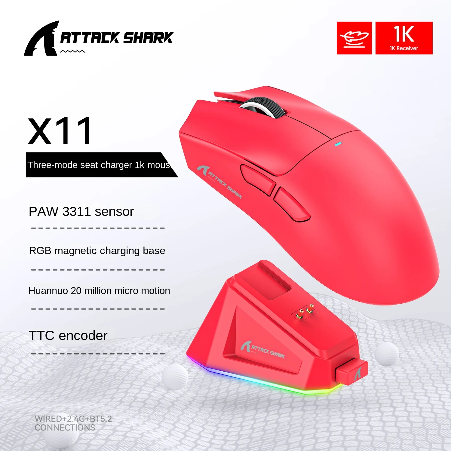 Ratón inalámbrico Bluetooth Attack Shark X11, base de carga magnética de modo Triple RGB PAW3311, ratón para juegos de paso ultraligero - imagen 5